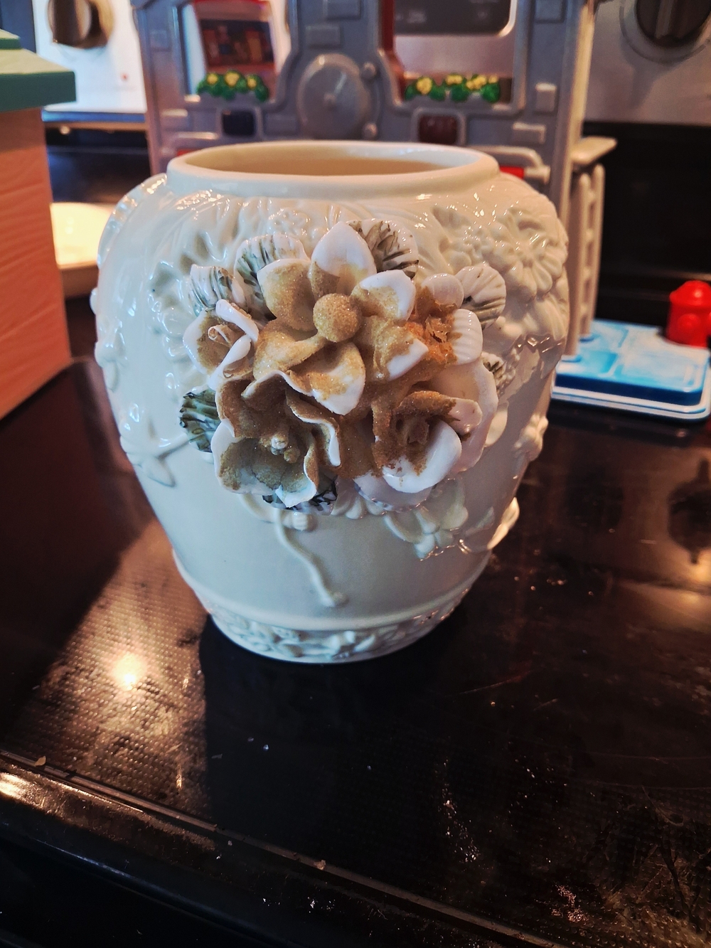 Handcrafted Cream Ceramic Floral Applique Vase